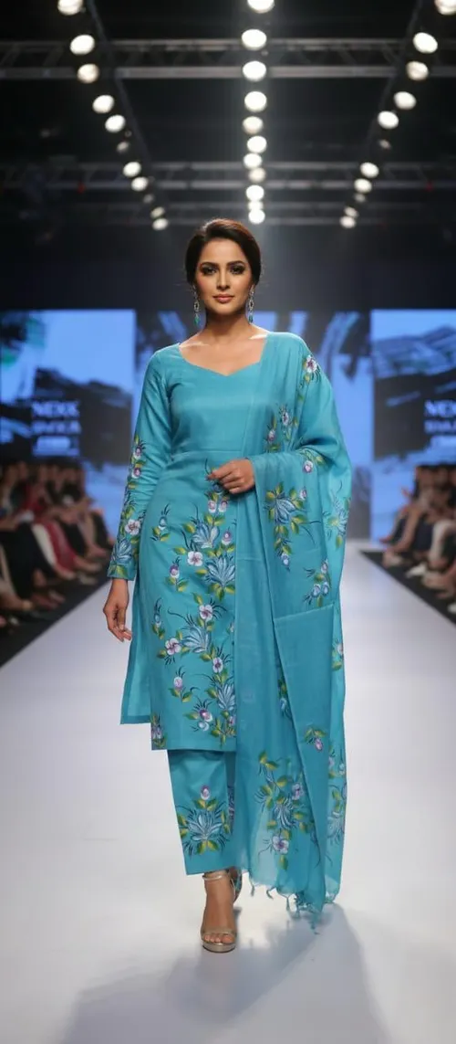 Premium Soft Slub Dupion Suit Piece with Artistic Floral Hand Print